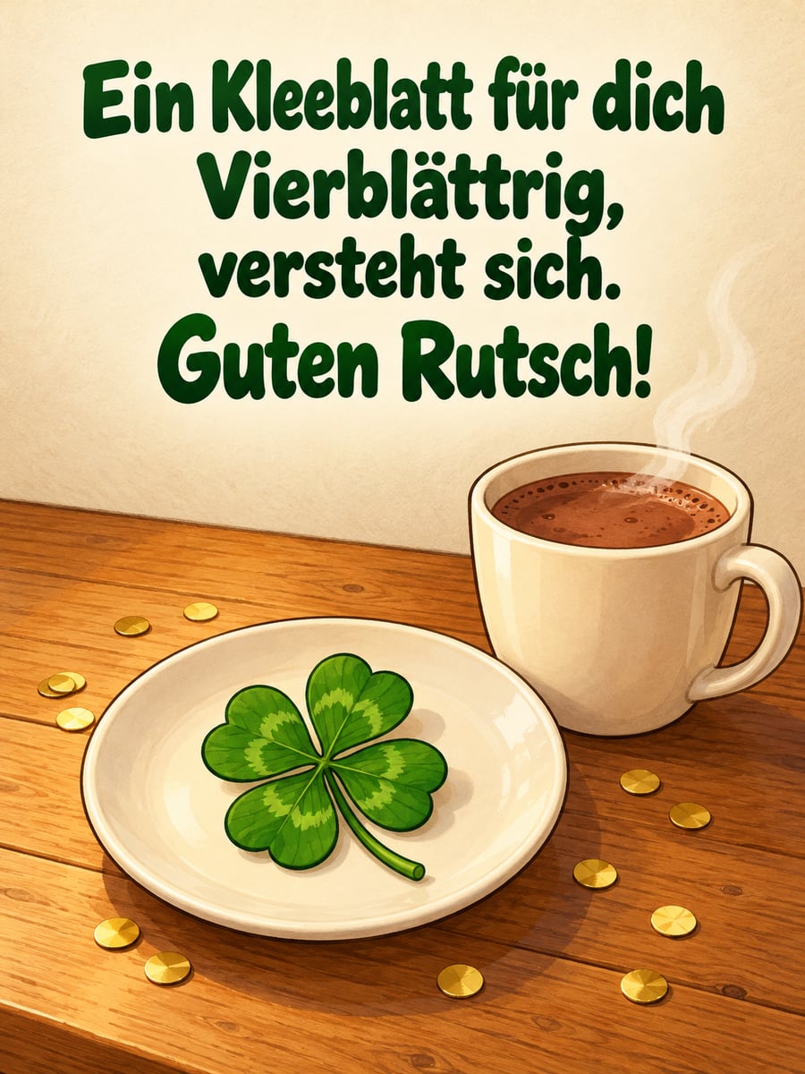 Bild zum Jahreswechsel mit dem Text „Ein Kleeblatt für dich“ und „Vierblättrig, versteht sich. Guten Rutsch!“ – Motiv: Kleeblatt, Untertasse, Kakao, Konfetti
