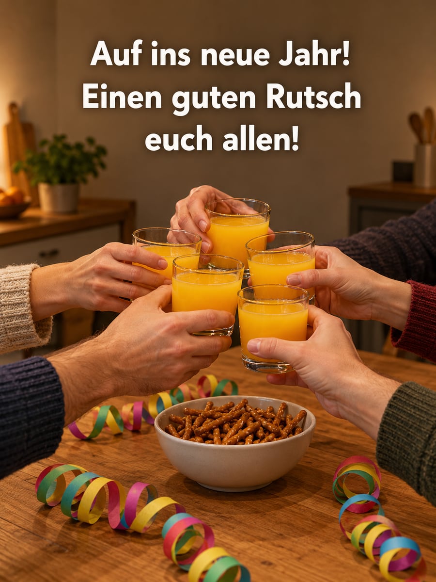 Bild zum Jahreswechsel mit dem Text „Auf ins neue Jahr!“ und „Einen guten Rutsch euch allen!“ – Motiv: Orangensaft, Gläser, Hände, Küchentisch