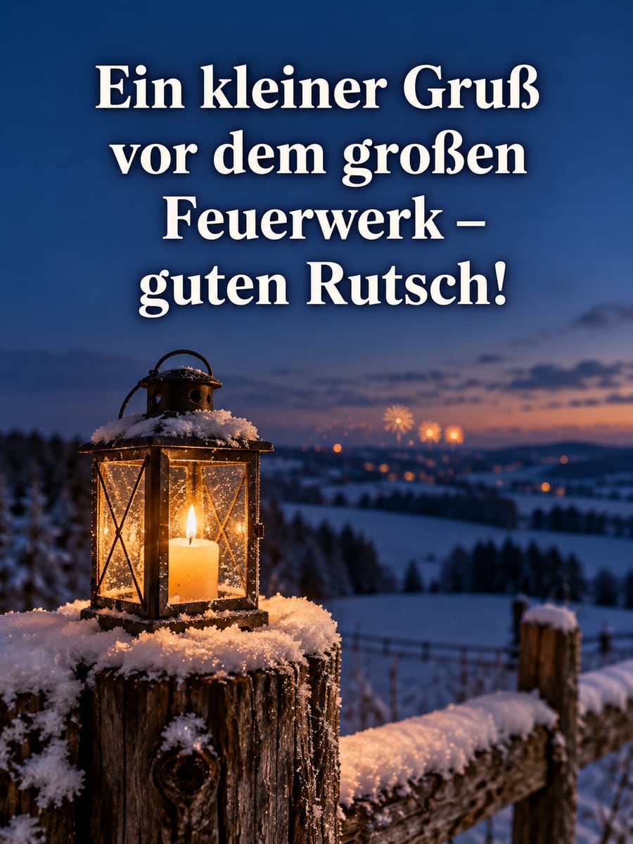 Bild zum Jahreswechsel mit dem Text „Ein kleiner Gruß“ und „vor dem großen Feuerwerk – guten Rutsch!“ – Motiv: Laterne, Zaunpfahl, Feuerwerk, Schnee