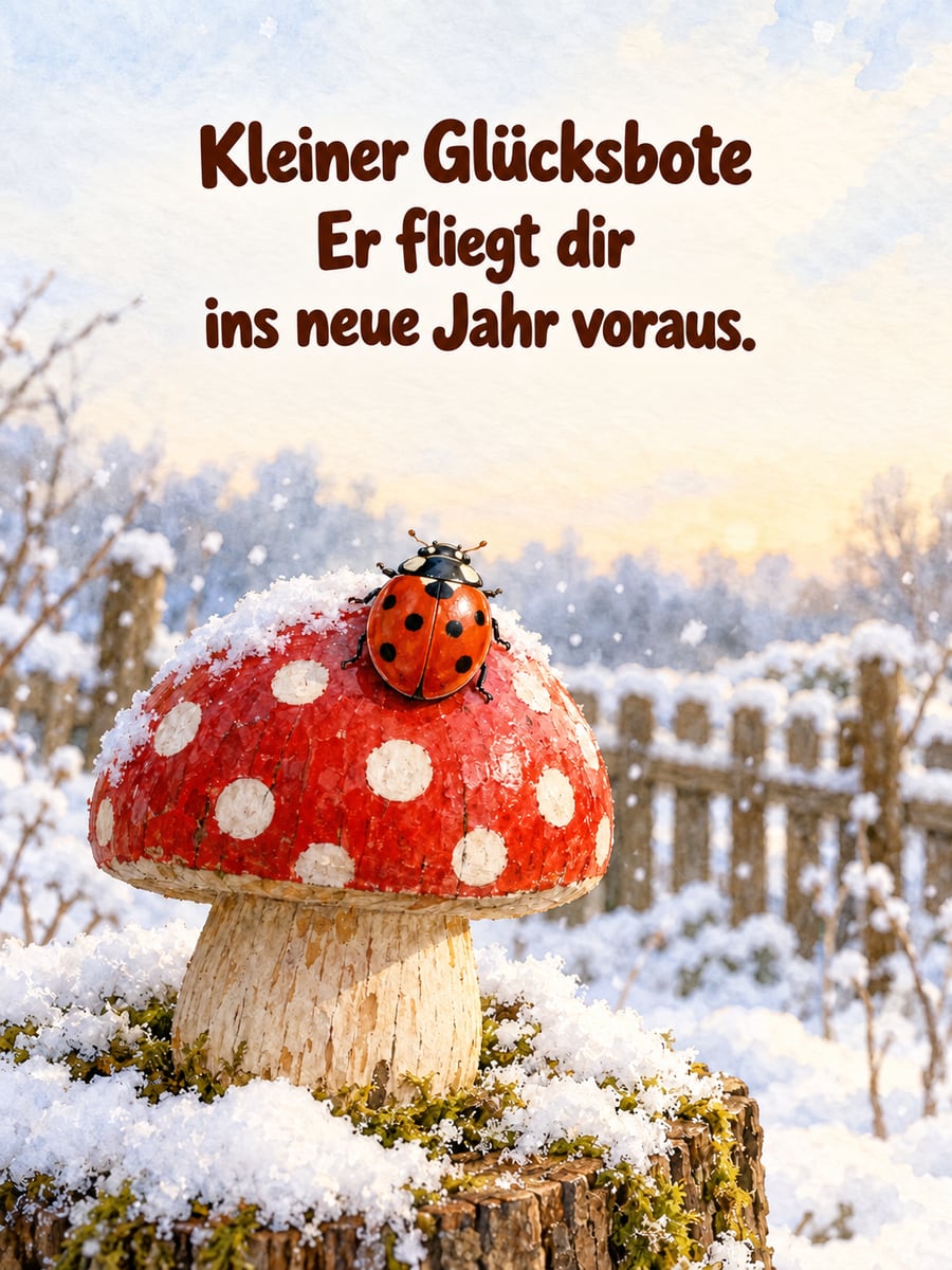 Bild zum Jahreswechsel mit dem Text „Kleiner Glücksbote“ und „Er fliegt dir ins neue Jahr voraus.“ – Motiv: Marienkäfer, Fliegenpilz, Baumstumpf, Schnee