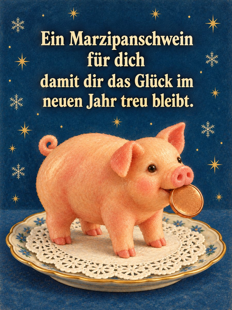 Bild zum Jahreswechsel mit dem Text „Ein Marzipanschwein für dich“ und „damit dir das Glück im neuen Jahr treu bleibt.“ – Motiv: Marzipanschwein, Glückspfennig, Teller, Sterne