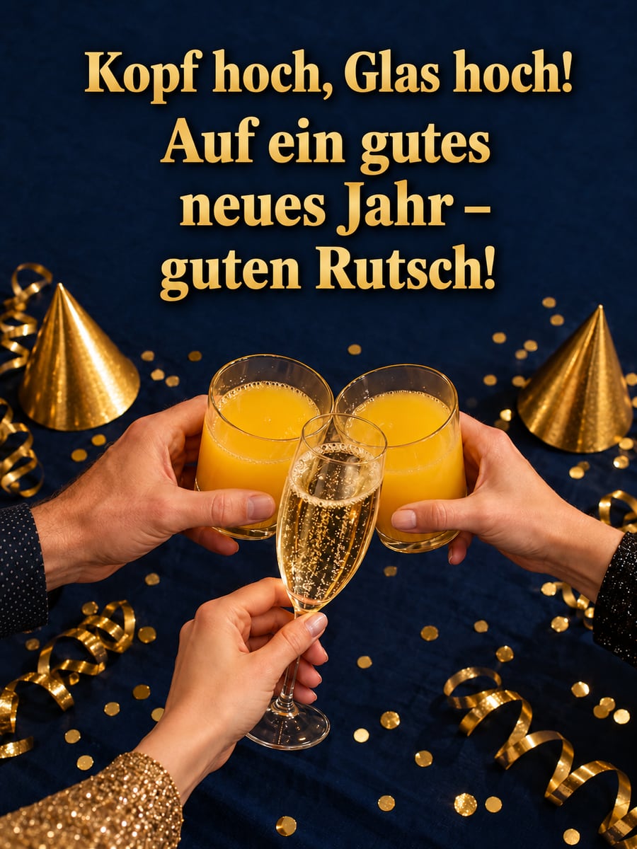 Bild zum Jahreswechsel mit dem Text „Kopf hoch, Glas hoch!“ und „Auf ein gutes neues Jahr – guten Rutsch!“ – Motiv: Gläser, Hände, Partytisch, Konfetti, Orangensaft