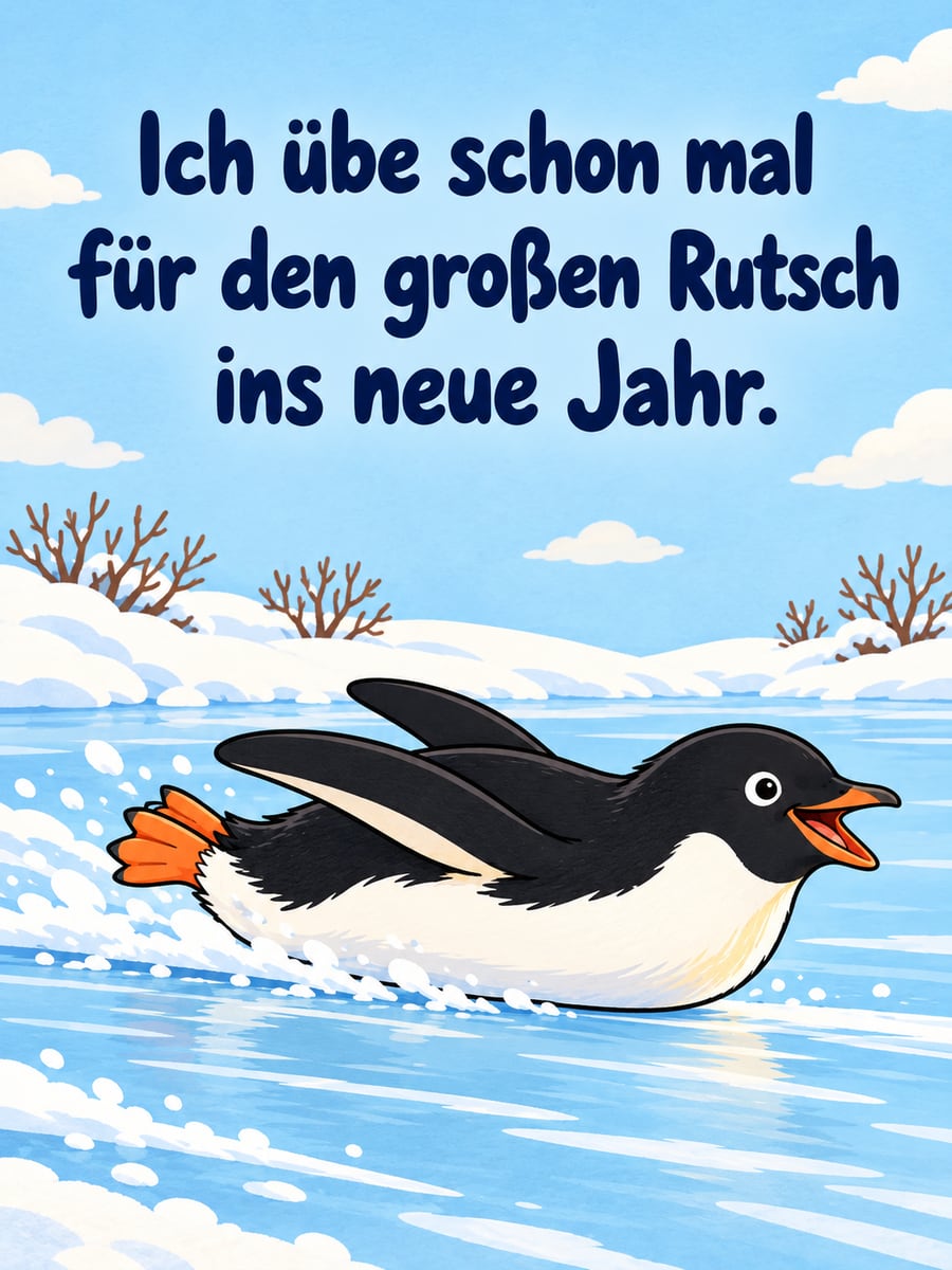 Bild zum Jahreswechsel mit dem Text „Ich übe schon mal“ und „für den großen Rutsch ins neue Jahr.“ – Motiv: Pinguin, Eis, Teich