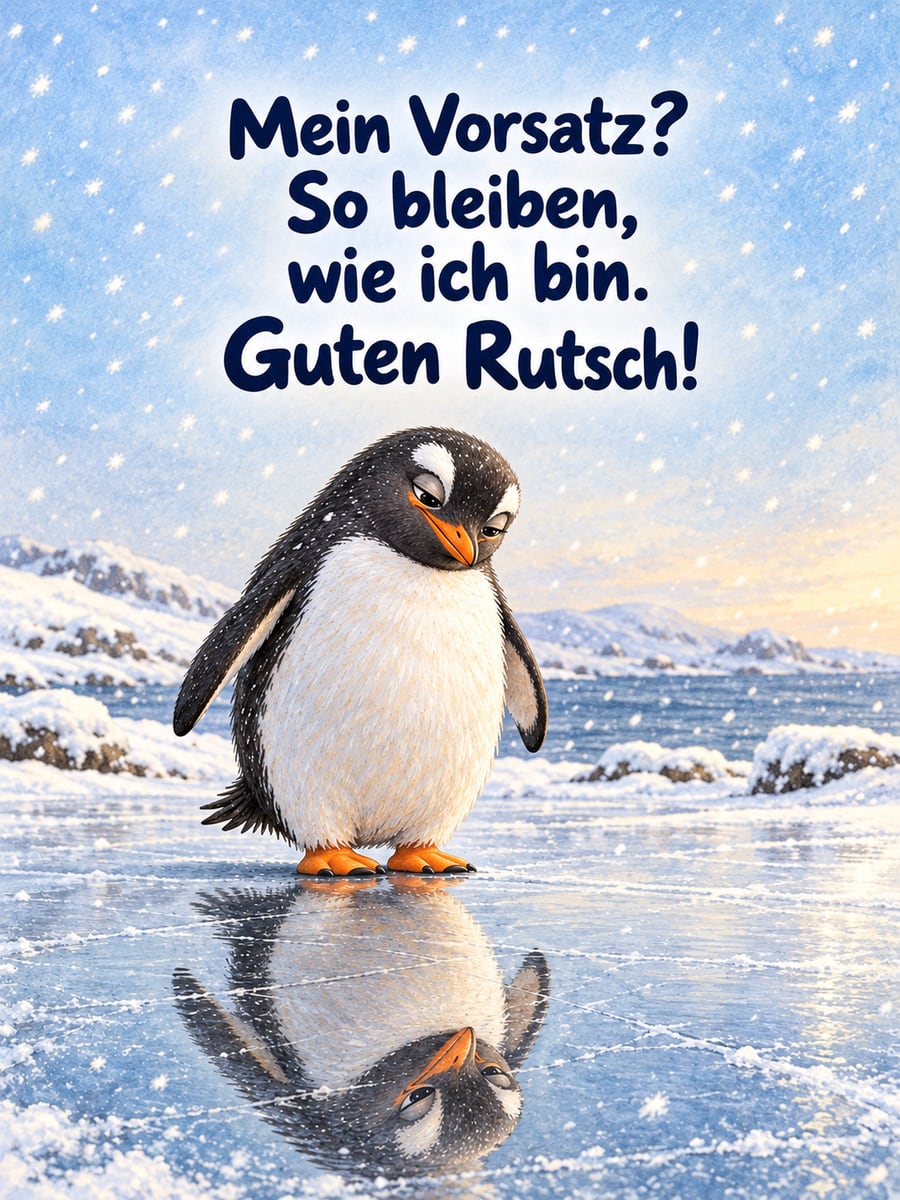 Bild zum Jahreswechsel mit dem Text „Mein Vorsatz?“ und „So bleiben, wie ich bin. Guten Rutsch!“ – Motiv: Pinguin, Spiegelbild, Eis, Schnee