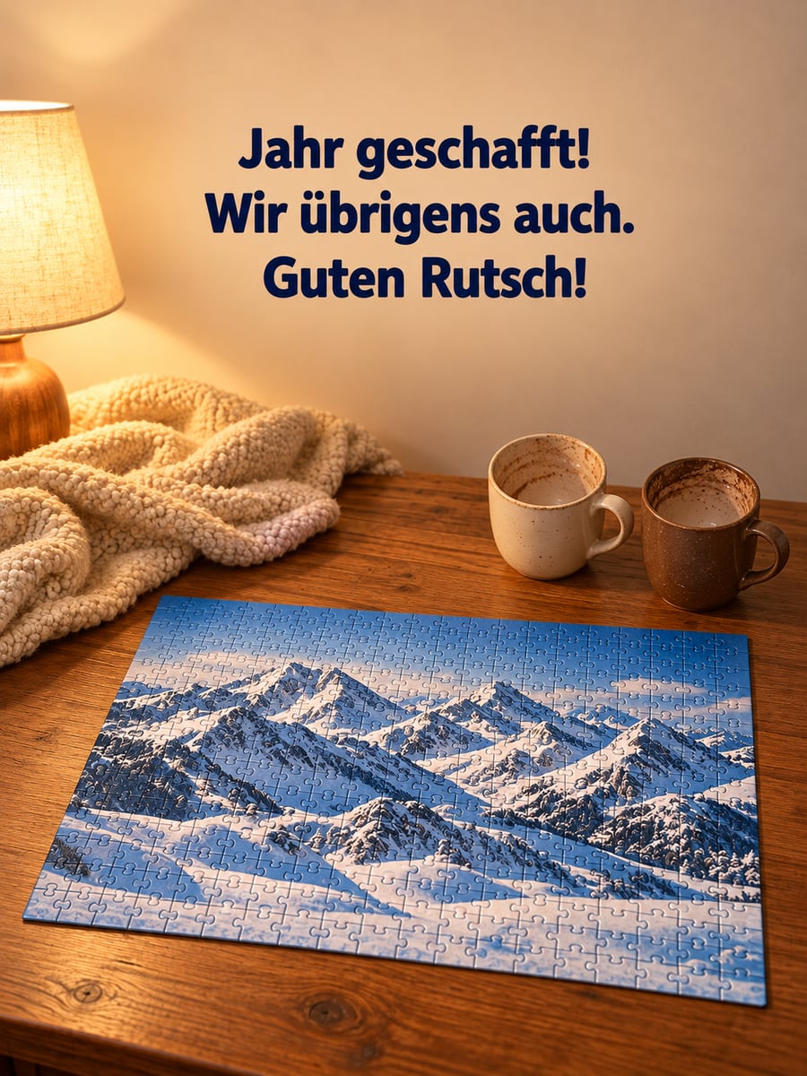 Bild zum Jahreswechsel mit dem Text „Jahr geschafft!“ und „Wir übrigens auch. Guten Rutsch!“ – Motiv: Puzzle, Tassen, Decke, Lampe