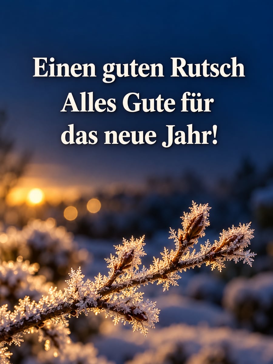 Bild zum Jahreswechsel mit dem Text „Einen guten Rutsch“ und „Alles Gute für das neue Jahr!“ – Motiv: Raureif, Zweig, Winterlicht