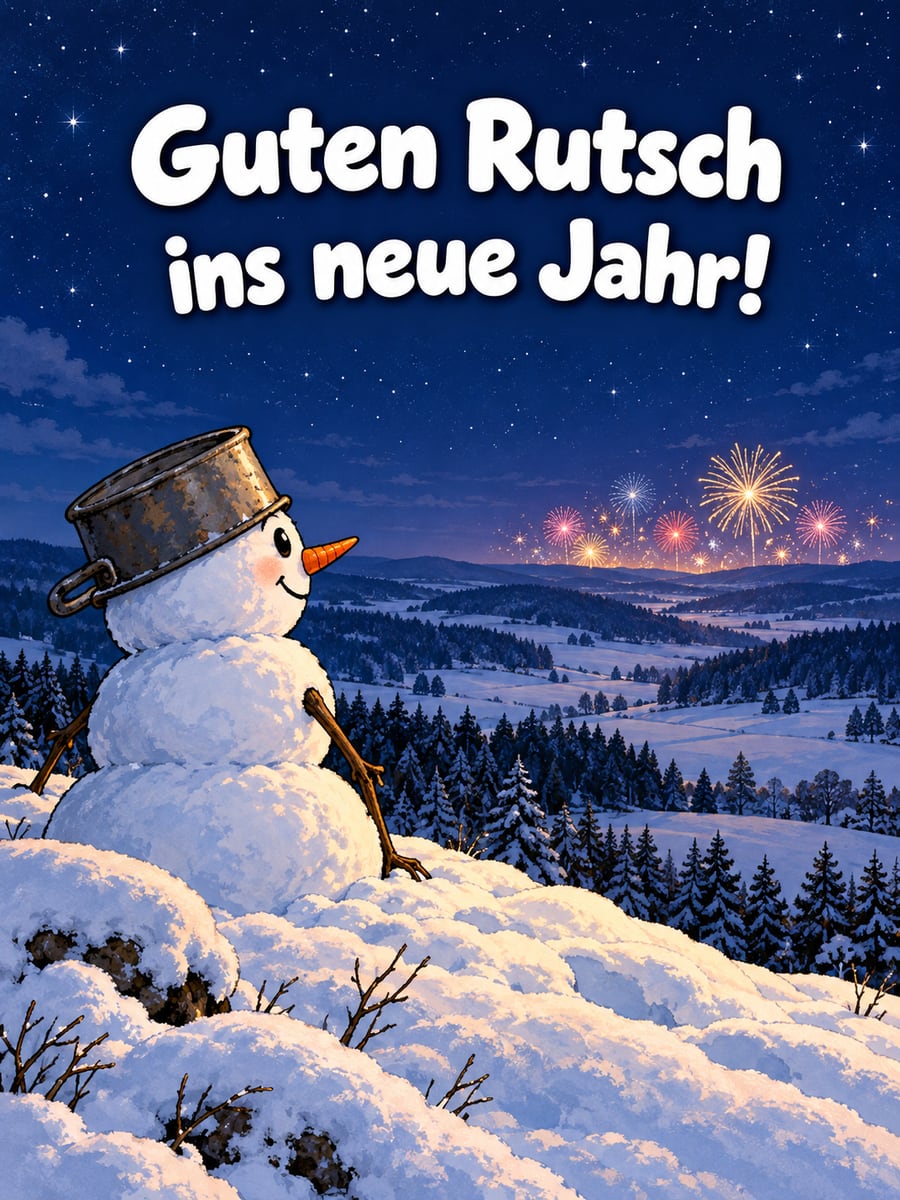 Bild zum Jahreswechsel mit dem Text „Guten Rutsch“ und „ins neue Jahr!“ – Motiv: Schneemann, Feuerwerk, Hügel, Nachthimmel