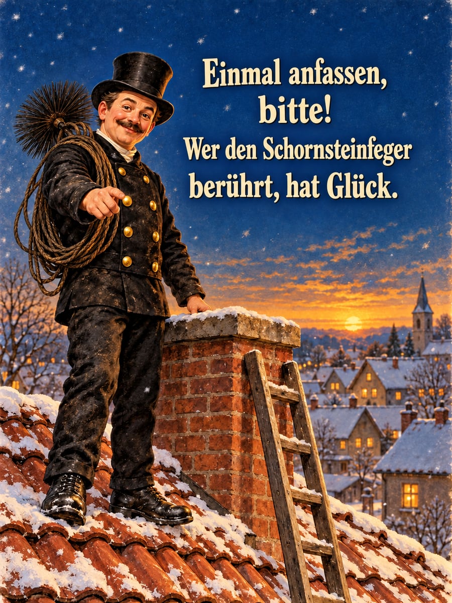 Bild zum Jahreswechsel mit dem Text „Einmal anfassen, bitte!“ und „Wer den Schornsteinfeger berührt, hat Glück.“ – Motiv: Schornsteinfeger, Zylinder, Dach, Schornstein