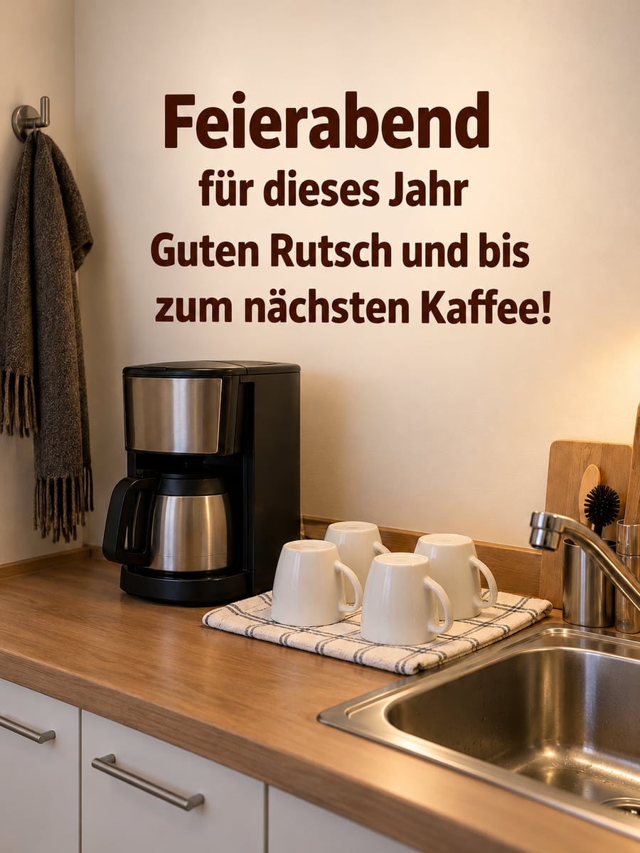 Bild zum Jahreswechsel mit dem Text „Feierabend für dieses Jahr“ und „Guten Rutsch und bis zum nächsten Kaffee!“ – Motiv: Kaffeemaschine, Tassen, Teeküche, Schal
