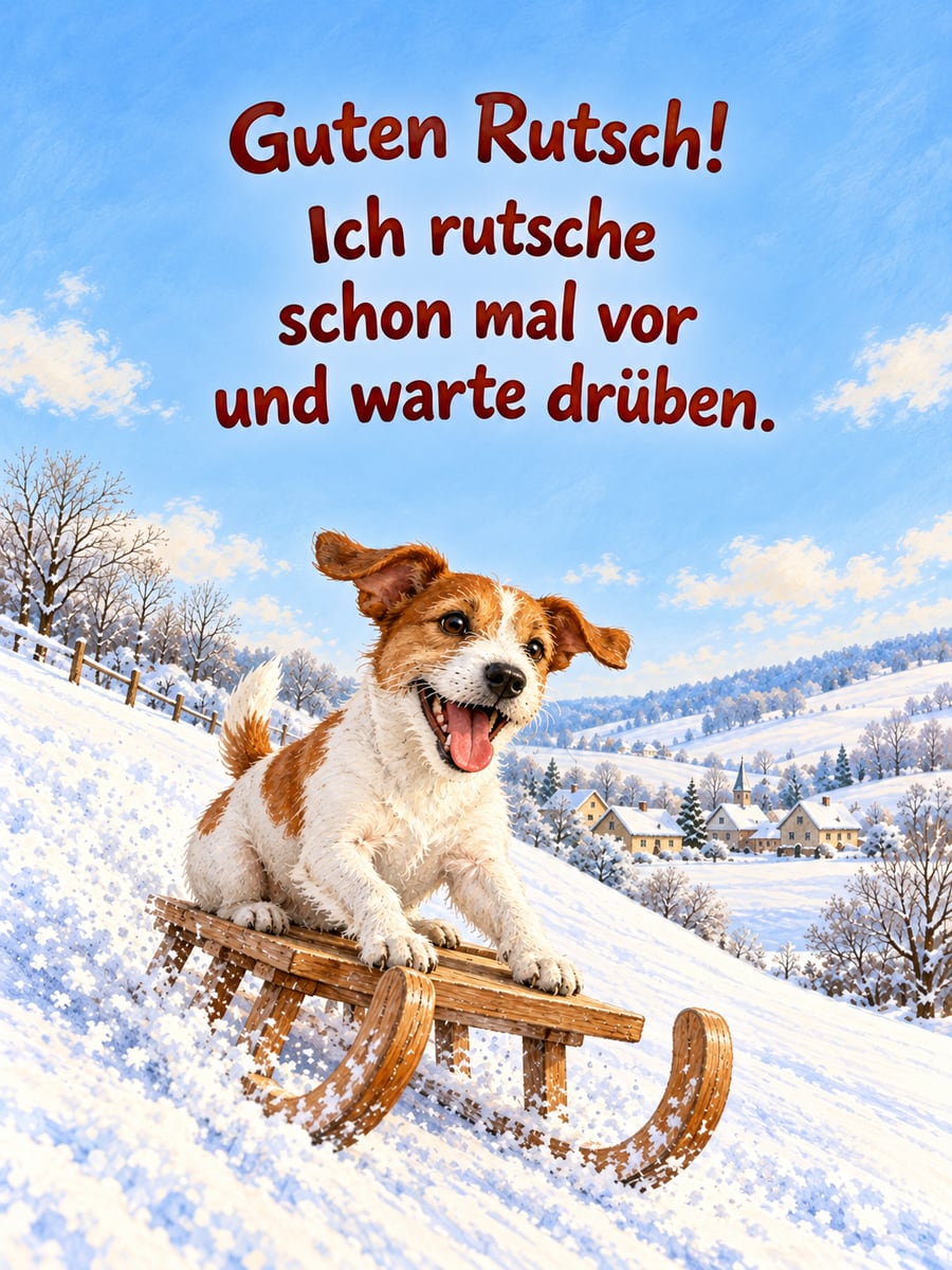 Bild zum Jahreswechsel mit dem Text „Guten Rutsch!“ und „Ich rutsche schon mal vor und warte drüben.“ – Motiv: Hund, Schlitten, Hügel, Schnee