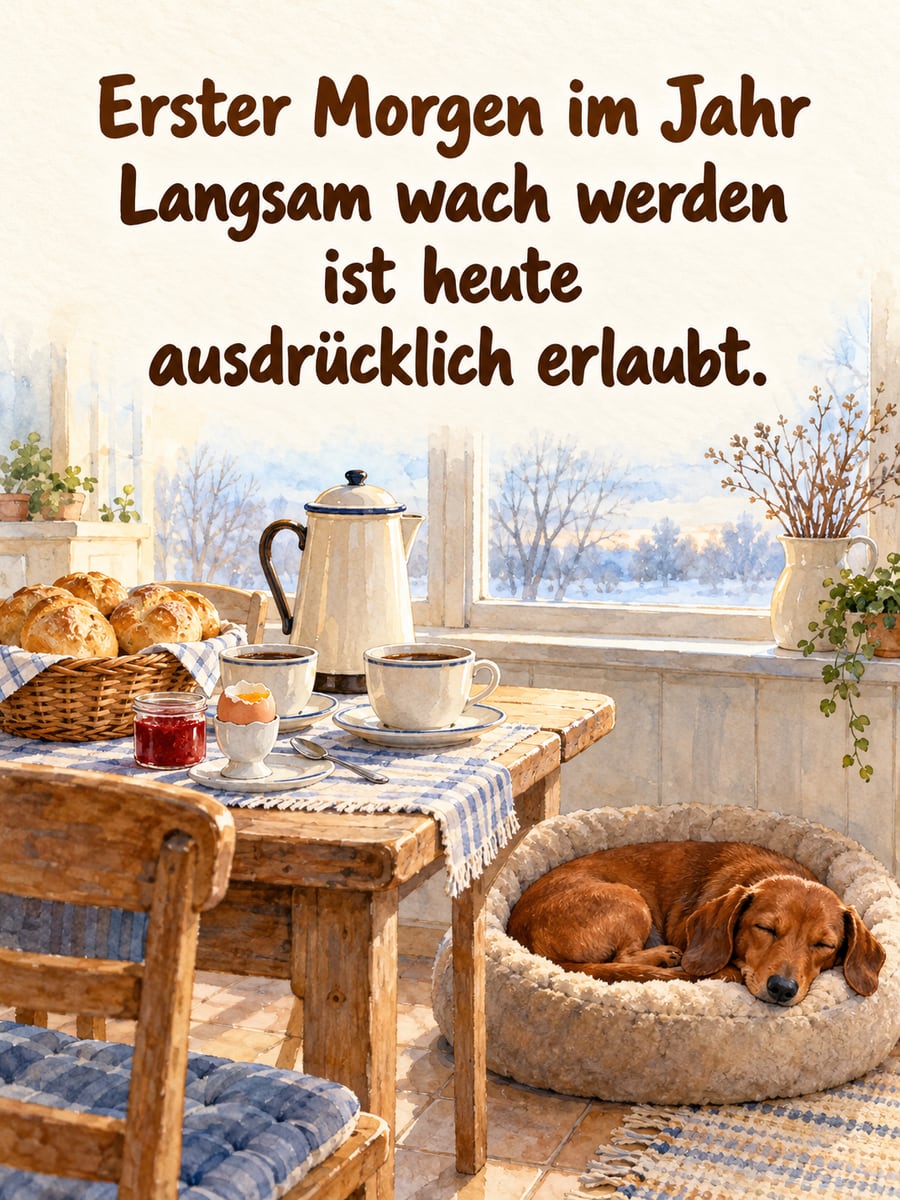 Bild zum neuen Jahr mit dem Text „Erster Morgen im Jahr“ und „Langsam wach werden ist heute ausdrücklich erlaubt.“ – Motiv: Dackel, Frühstück, Kaffee, Brötchen