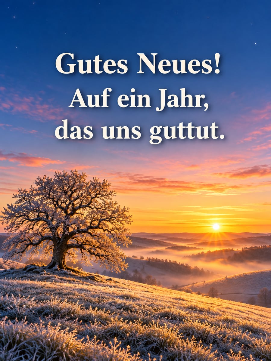 Bild zum neuen Jahr mit dem Text „Gutes Neues!“ und „Auf ein Jahr, das uns guttut.“ – Motiv: Sonnenaufgang, Himmel, Eiche, Hügel