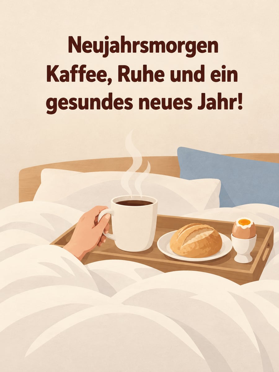 Bild zum neuen Jahr mit dem Text „Neujahrsmorgen“ und „Kaffee, Ruhe und ein gesundes neues Jahr!“ – Motiv: Bettdecke, Kaffeetasse, Frühstückstablett, Hand