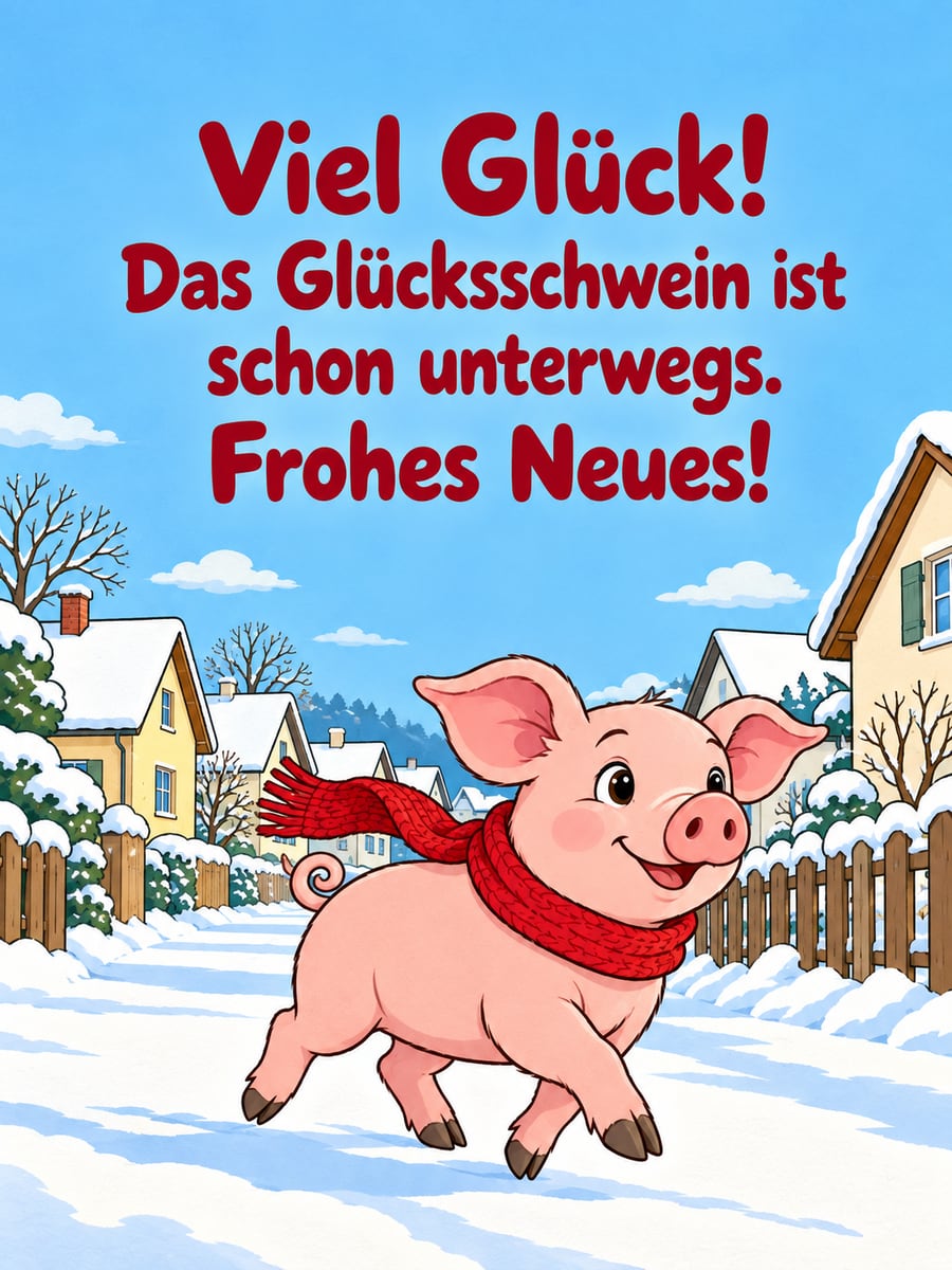 Bild zum neuen Jahr mit dem Text „Viel Glück!“ und „Das Glücksschwein ist schon unterwegs. Frohes Neues!“ – Motiv: Glücksschwein, Schal, Dorfstraße, Schnee