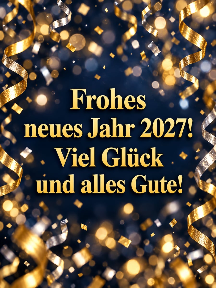 Bild zum neuen Jahr mit dem Text „Frohes neues Jahr 2027!“ und „Viel Glück und alles Gute!“ – Motiv: Konfetti, Luftschlangen, Lichter