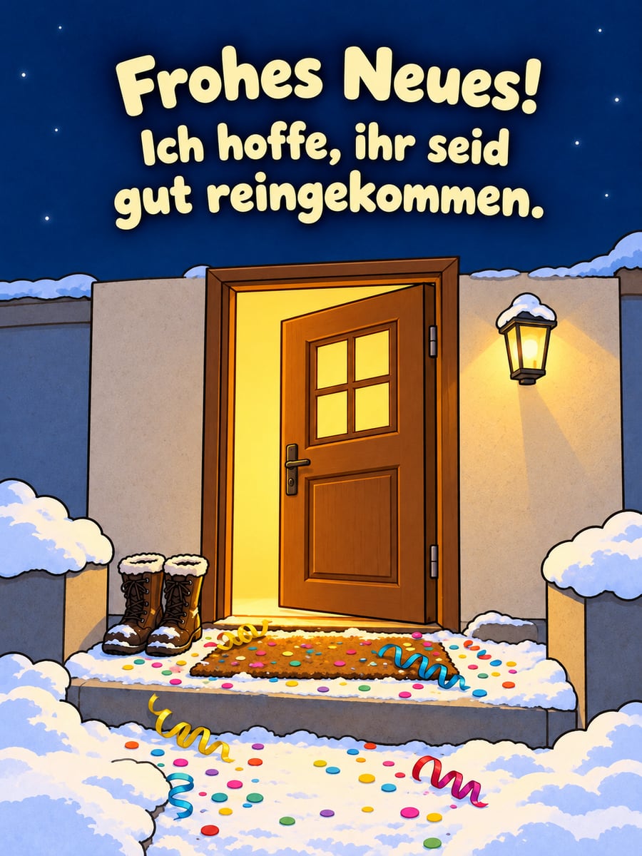 Bild zum neuen Jahr mit dem Text „Frohes Neues!“ und „Ich hoffe, ihr seid gut reingekommen.“ – Motiv: Haustür, Konfetti, Luftschlangen, Fußmatte