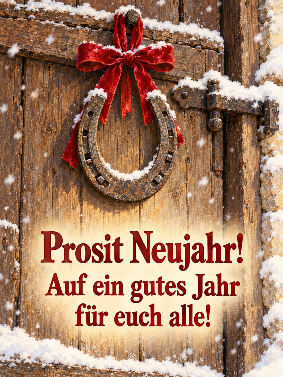 Bild zum neuen Jahr mit dem Text „Prosit Neujahr!“ und „Auf ein gutes Jahr für euch alle!“ – Motiv: Hufeisen, Holztür, Schleife, Schnee