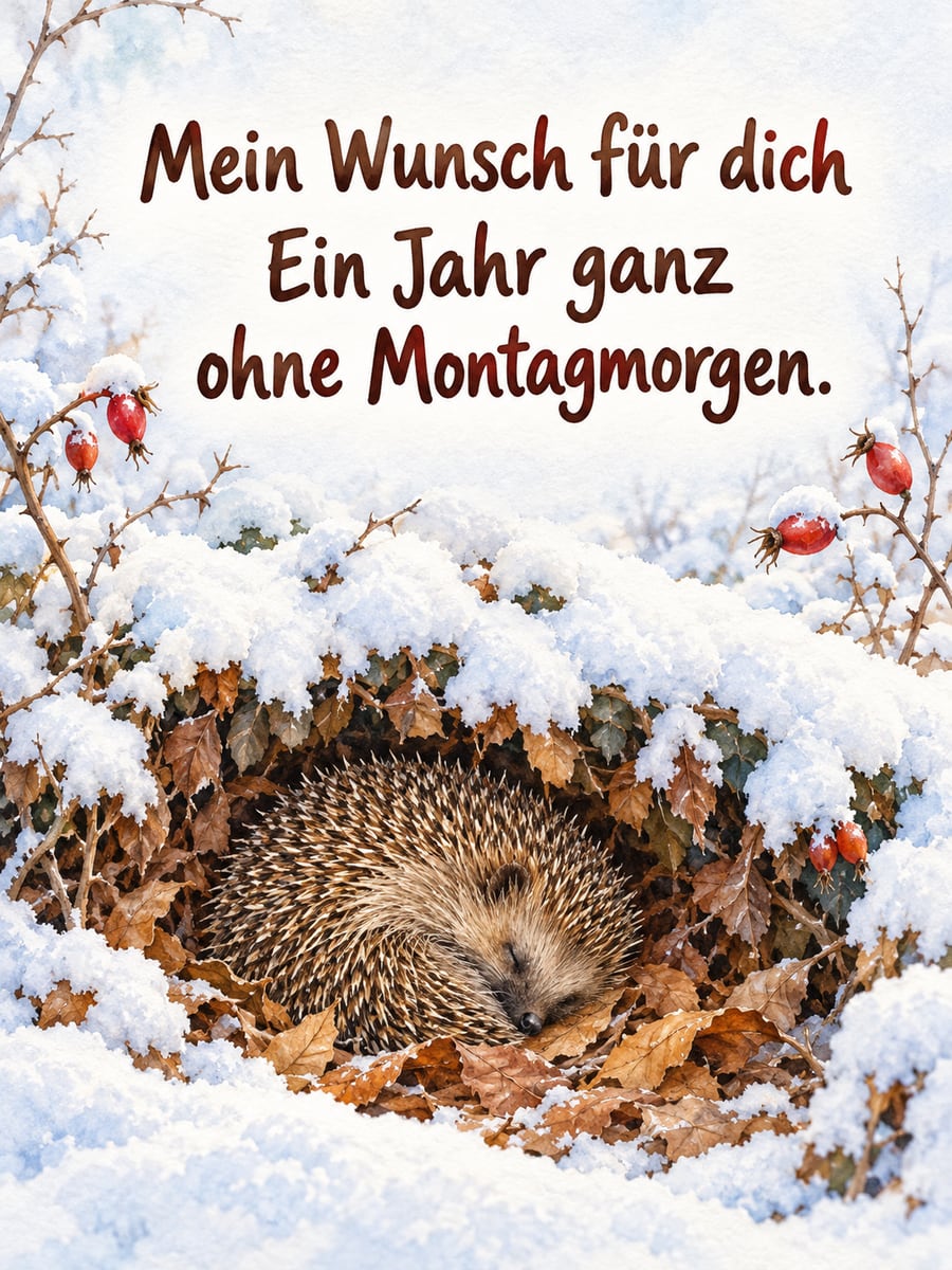 Bild zum neuen Jahr mit dem Text „Mein Wunsch für dich“ und „Ein Jahr ganz ohne Montagmorgen.“ – Motiv: Igel, Laubnest, Hecke, Schnee