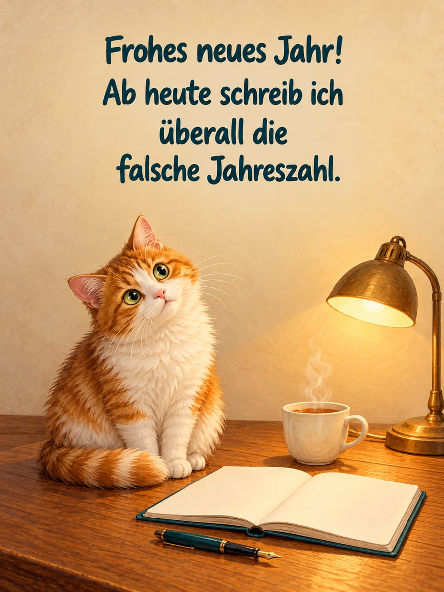 Bild zum neuen Jahr mit dem Text „Frohes neues Jahr!“ und „Ab heute schreib ich überall die falsche Jahreszahl.“ – Motiv: Katze, Schreibtisch, Füller, Notizbuch