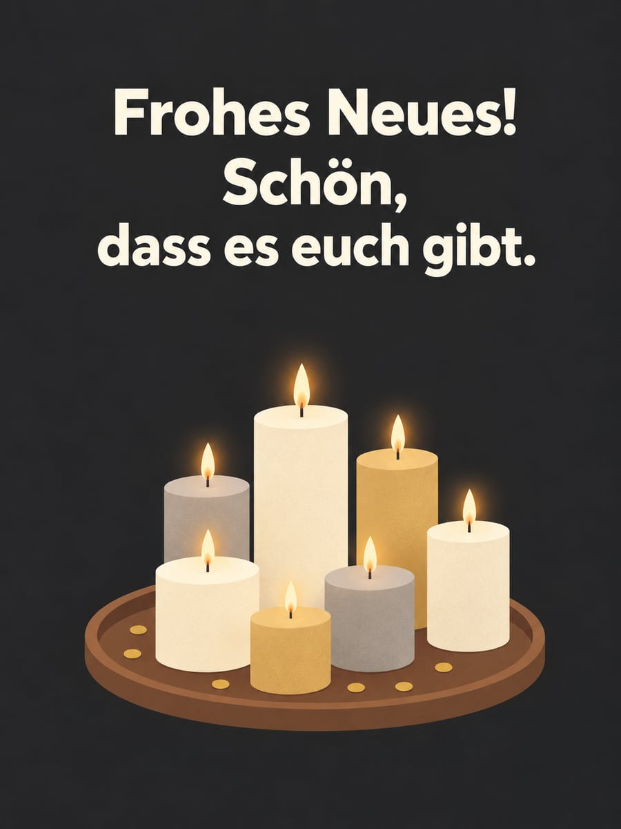 Bild zum neuen Jahr mit dem Text „Frohes Neues!“ und „Schön, dass es euch gibt.“ – Motiv: Kerzen, Tablett, Konfetti