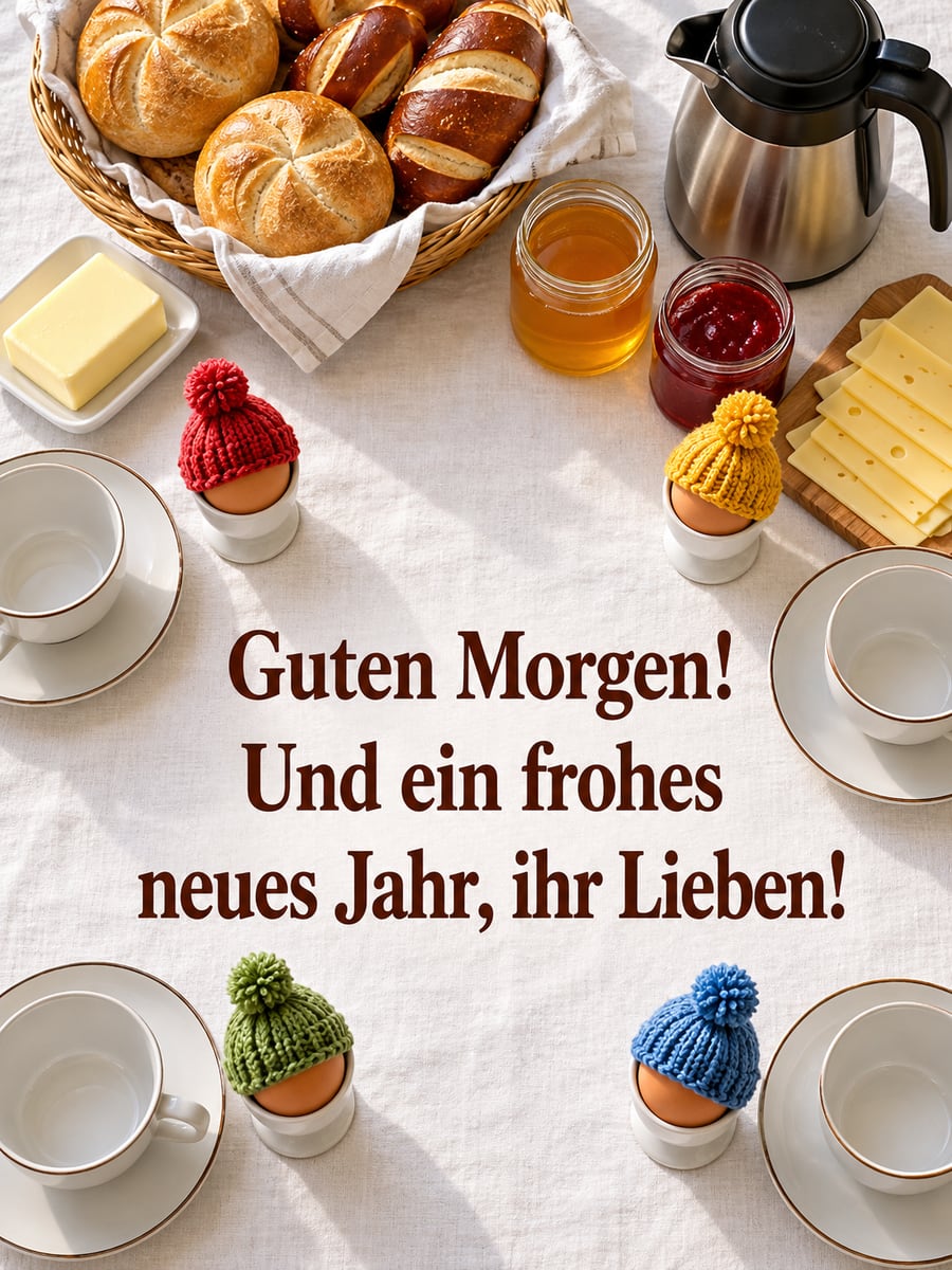 Bild zum neuen Jahr mit dem Text „Guten Morgen!“ und „Und ein frohes neues Jahr, ihr Lieben!“ – Motiv: Frühstück, Eierwärmer, Brötchen, Kaffee