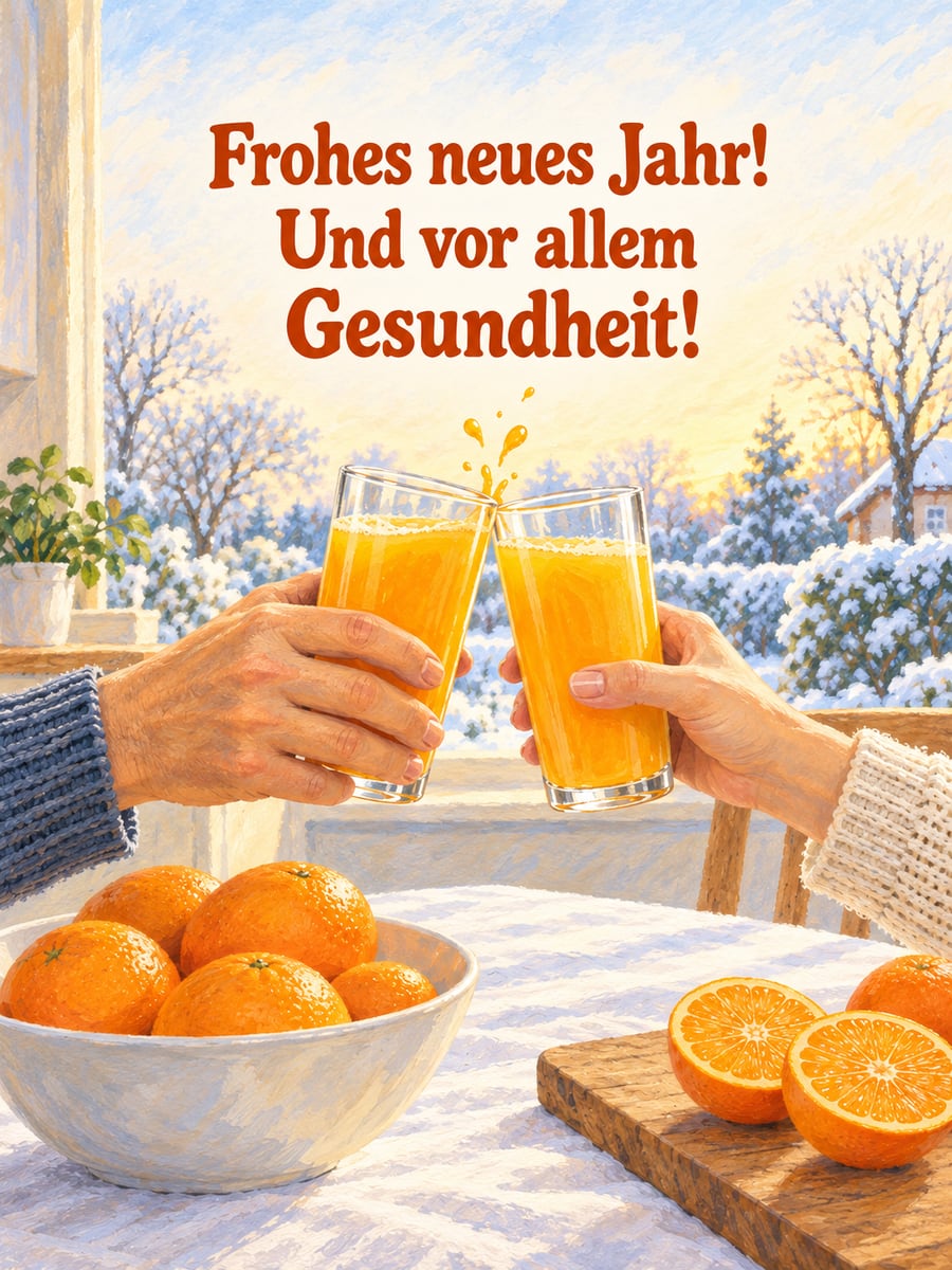 Bild zum neuen Jahr mit dem Text „Frohes neues Jahr!“ und „Und vor allem Gesundheit!“ – Motiv: Orangensaft, Gläser, Hände, Orangen