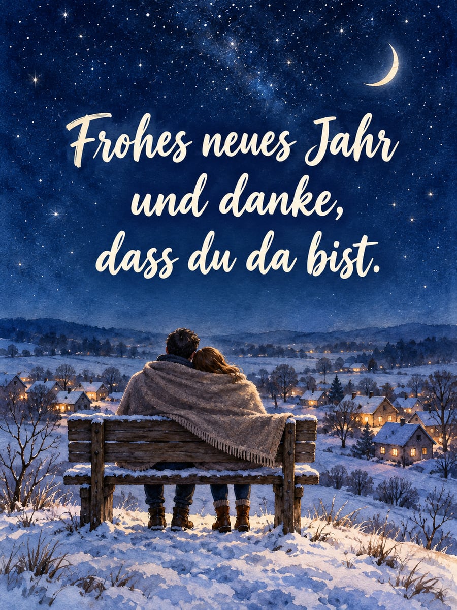 Bild zum neuen Jahr mit dem Text „Frohes neues Jahr“ und „und danke, dass du da bist.“ – Motiv: Paar, Sternenhimmel, Bank, Decke