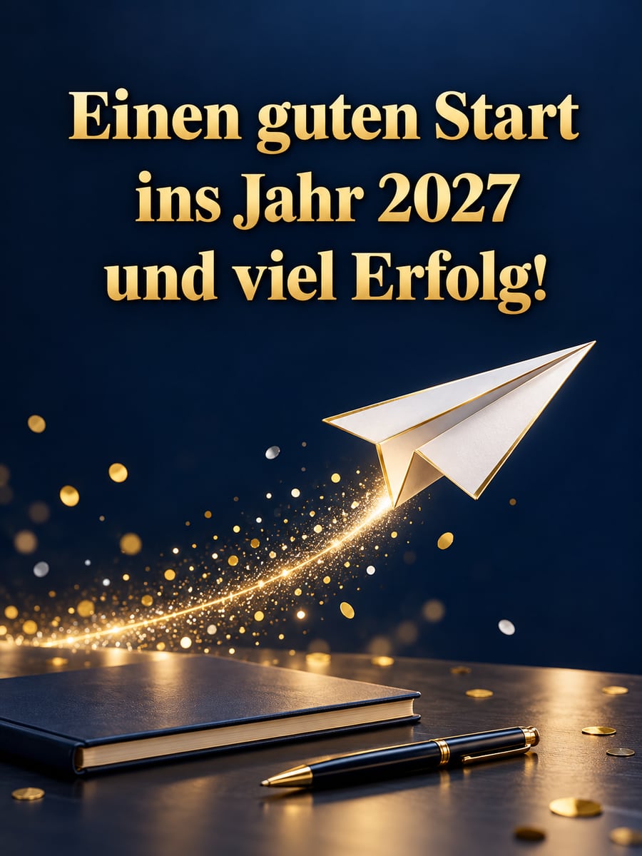 Bild zum neuen Jahr mit dem Text „Einen guten Start“ und „ins Jahr 2027 und viel Erfolg!“ – Motiv: Papierflieger, Schreibtisch, Konfetti
