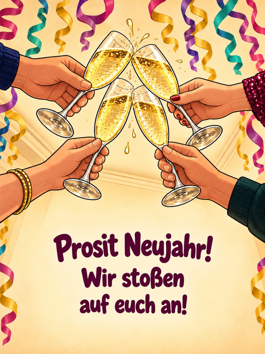 Bild zum neuen Jahr mit dem Text „Prosit Neujahr!“ und „Wir stoßen auf euch an!“ – Motiv: Sektgläser, Hände, Luftschlangen