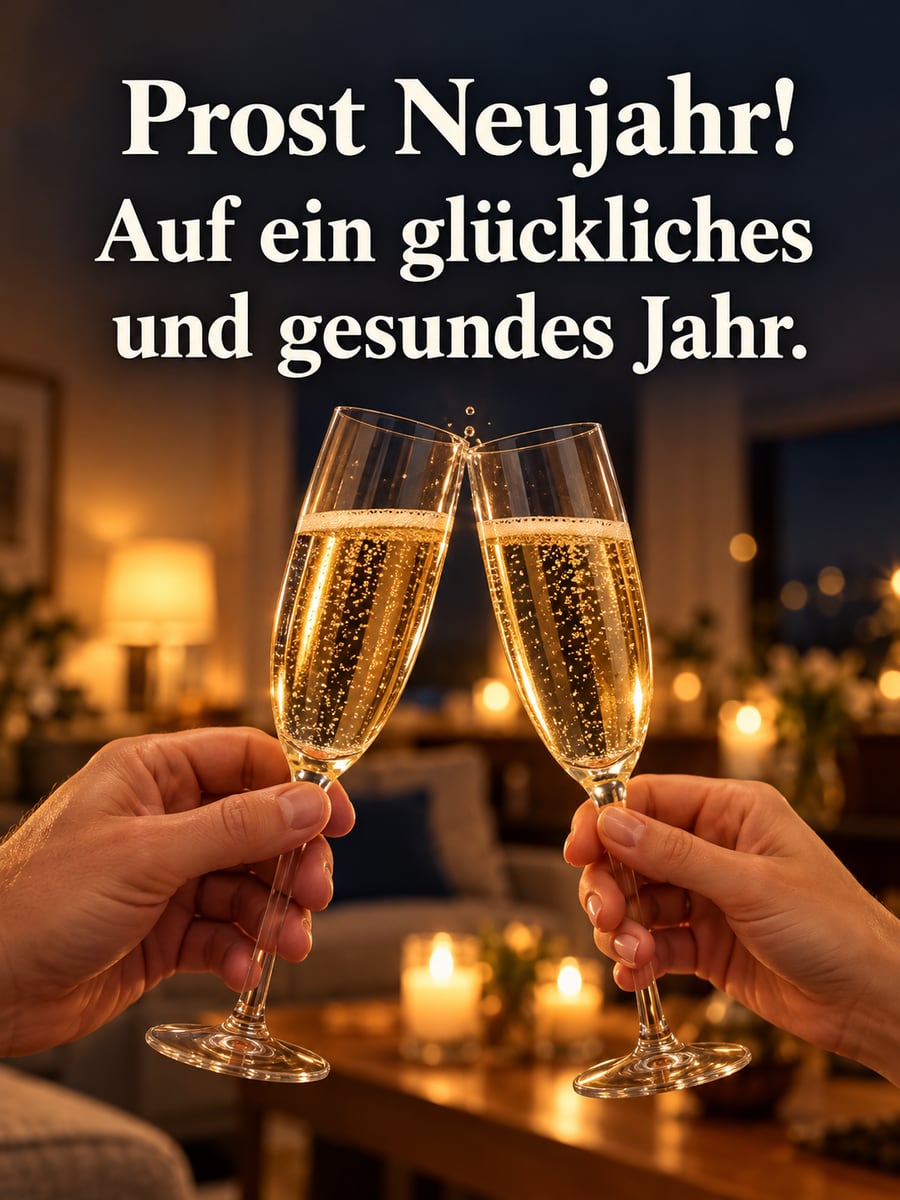 Bild zum neuen Jahr mit dem Text „Prost Neujahr!“ und „Auf ein glückliches und gesundes Jahr.“ – Motiv: Sektgläser, Hände, Lichter