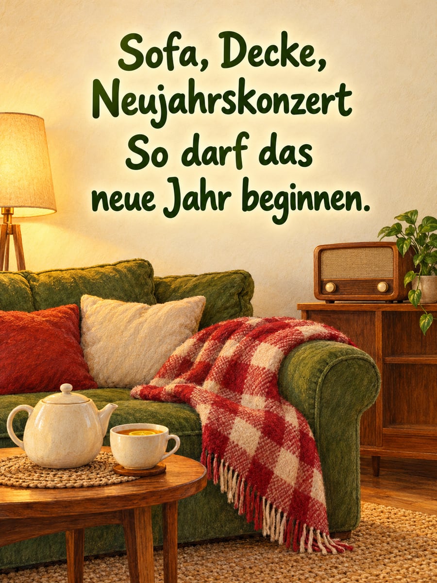 Bild zum neuen Jahr mit dem Text „Sofa, Decke, Neujahrskonzert“ und „So darf das neue Jahr beginnen.“ – Motiv: Sofa, Decke, Radio, Tee