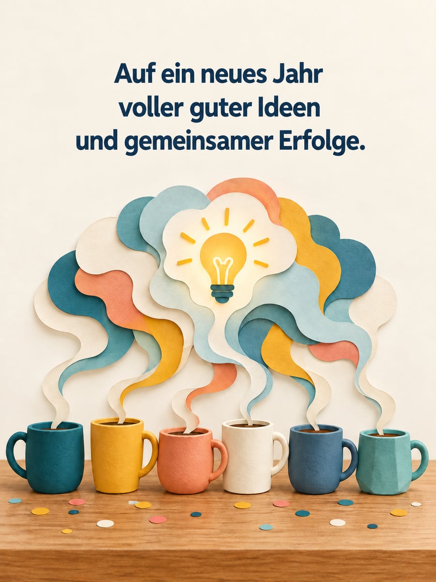 Bild zum neuen Jahr mit dem Text „Auf ein neues Jahr“ und „voller guter Ideen und gemeinsamer Erfolge.“ – Motiv: Tassen, Dampfwolke, Glühbirne, Konfetti