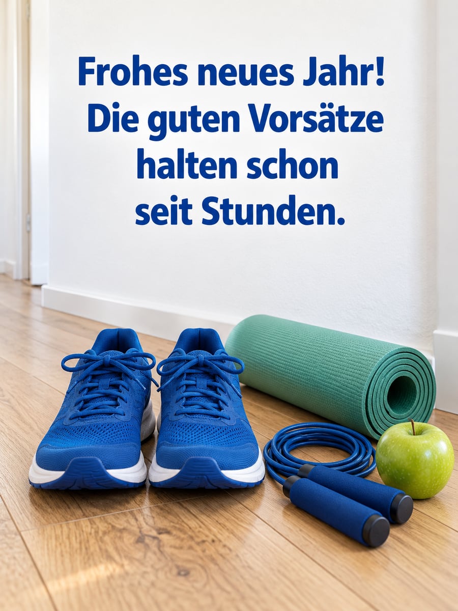 Bild zum neuen Jahr mit dem Text „Frohes neues Jahr!“ und „Die guten Vorsätze halten schon seit Stunden.“ – Motiv: Laufschuhe, Yogamatte, Springseil, Apfel