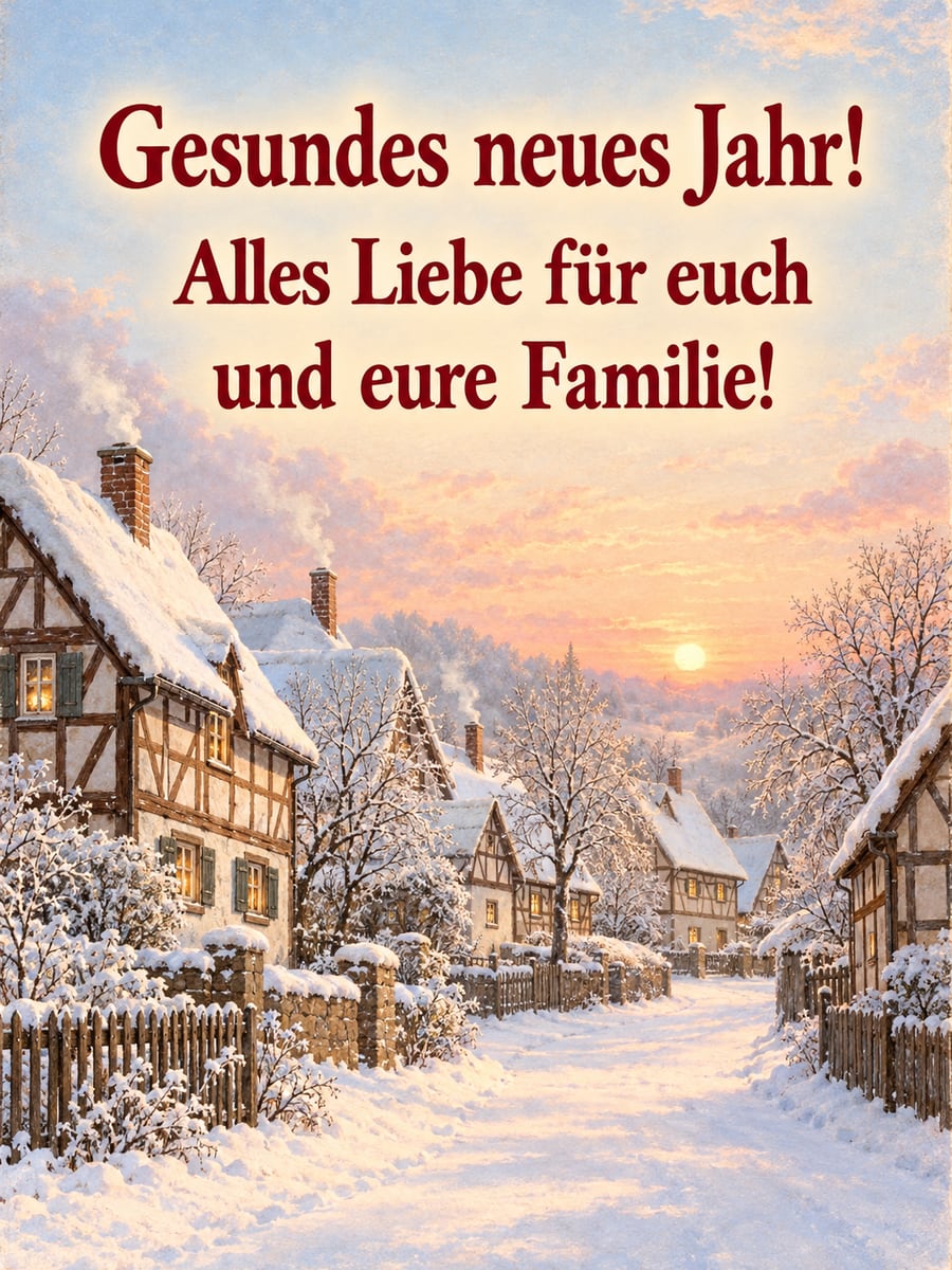 Bild zum neuen Jahr mit dem Text „Gesundes neues Jahr!“ und „Alles Liebe für euch und eure Familie!“ – Motiv: Winterdorf, Fachwerkhaus, Schnee, Schornstein