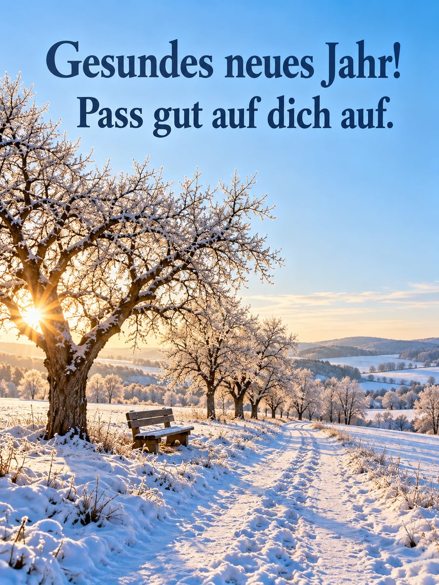 Bild zum neuen Jahr mit dem Text „Gesundes neues Jahr!“ und „Pass gut auf dich auf.“ – Motiv: Winterlandschaft, Apfelbaum, Bank, Schnee