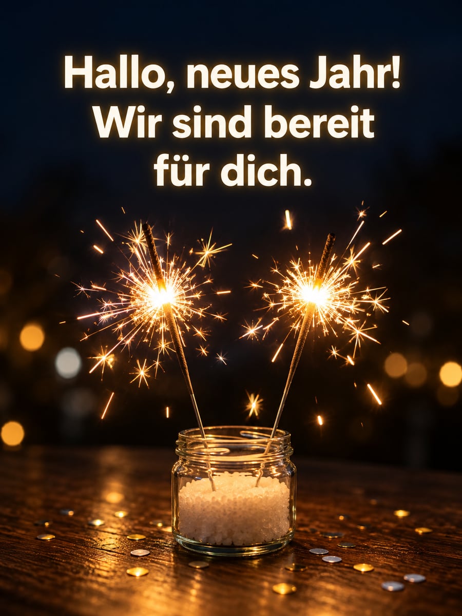 Bild zum neuen Jahr mit dem Text „Hallo, neues Jahr!“ und „Wir sind bereit für dich.“ – Motiv: Wunderkerzen, Glas, Konfetti, Lichter