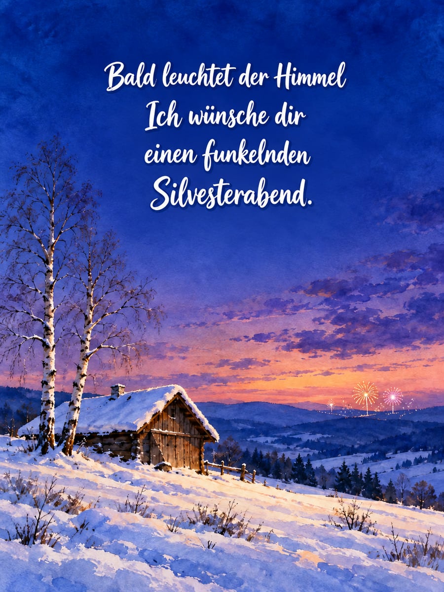 Bild zu Silvester mit dem Text „Bald leuchtet der Himmel“ und „Ich wünsche dir einen funkelnden Silvesterabend.“ – Motiv: Feuerwerk, Winterwiese, Hütte, Birken