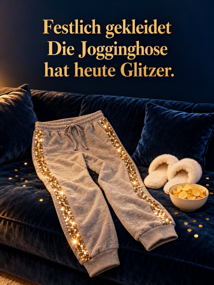 Bild zu Silvester mit dem Text „Festlich gekleidet“ und „Die Jogginghose hat heute Glitzer.“ – Motiv: Jogginghose, Sofa, Pantoffeln, Konfetti