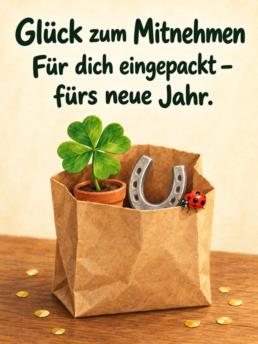Bild zu Silvester mit dem Text „Glück zum Mitnehmen“ und „Für dich eingepackt – fürs neue Jahr.“ – Motiv: Kleeblatt, Hufeisen, Marienkäfer, Papiertüte