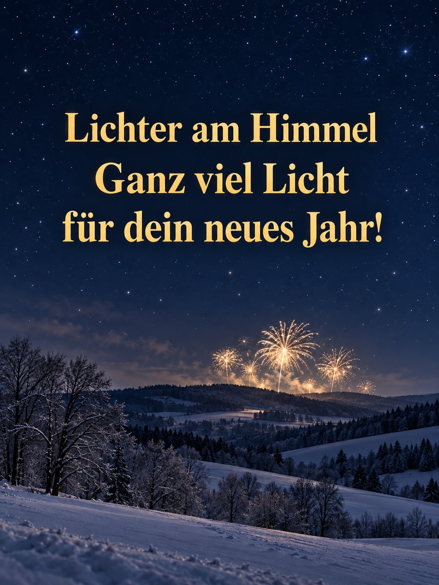 Bild zu Silvester mit dem Text „Lichter am Himmel“ und „Ganz viel Licht für dein neues Jahr!“ – Motiv: Feuerwerk, Winterlandschaft, Nachthimmel