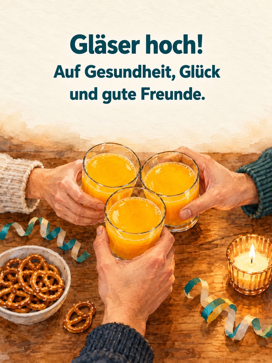 Bild zu Silvester mit dem Text „Gläser hoch!“ und „Auf Gesundheit, Glück und gute Freunde.“ – Motiv: Orangensaft, Gläser, Hände, Konfetti