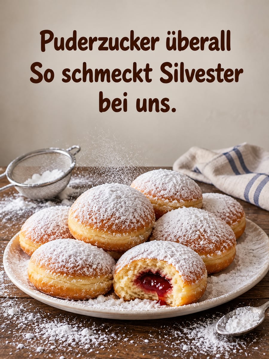 Bild zu Silvester mit dem Text „Puderzucker überall“ und „So schmeckt Silvester bei uns.“ – Motiv: Gebäck, Puderzucker, Teller, Marmelade