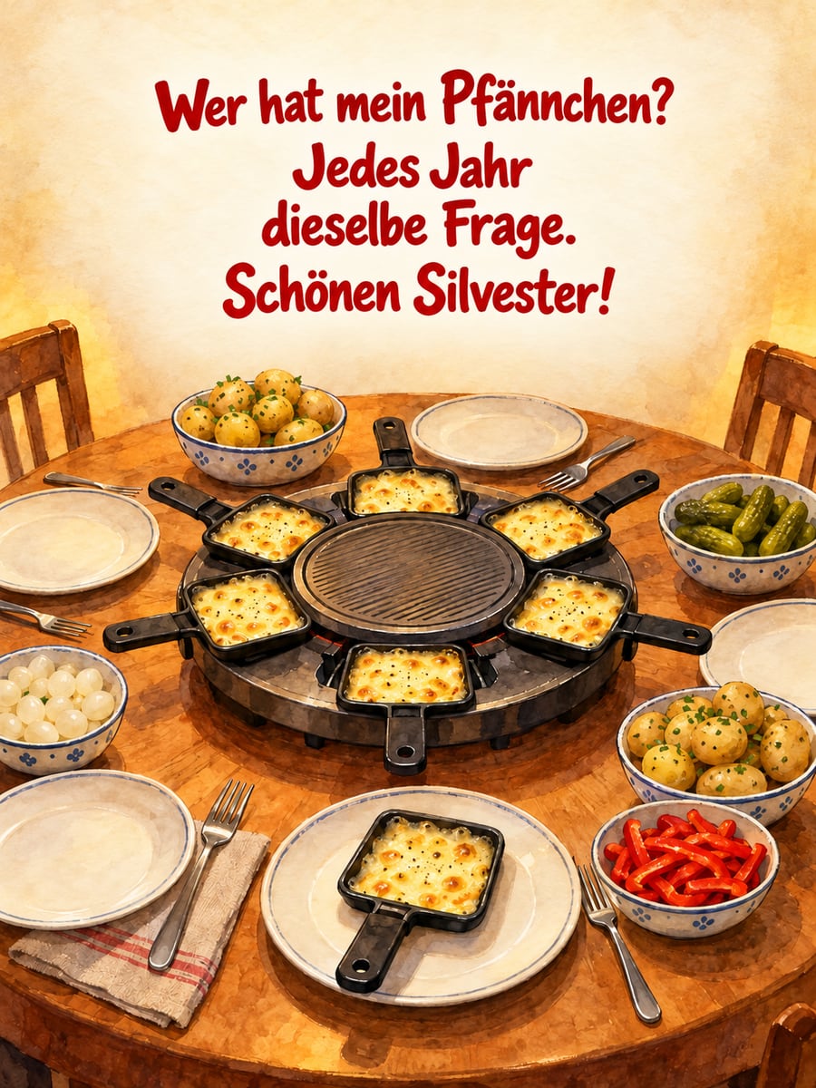 Bild zu Silvester mit dem Text „Wer hat mein Pfännchen?“ und „Jedes Jahr dieselbe Frage. Schönen Silvester!“ – Motiv: Raclette, Pfännchen, Käse, Kartoffeln