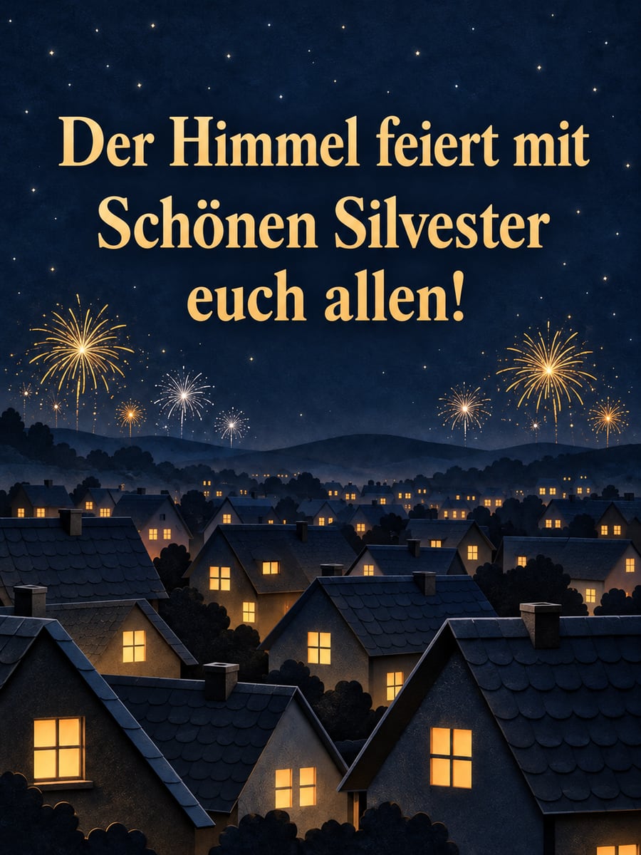 Bild zu Silvester mit dem Text „Der Himmel feiert mit“ und „Schönen Silvester euch allen!“ – Motiv: Feuerwerk, Dächer, Nachthimmel
