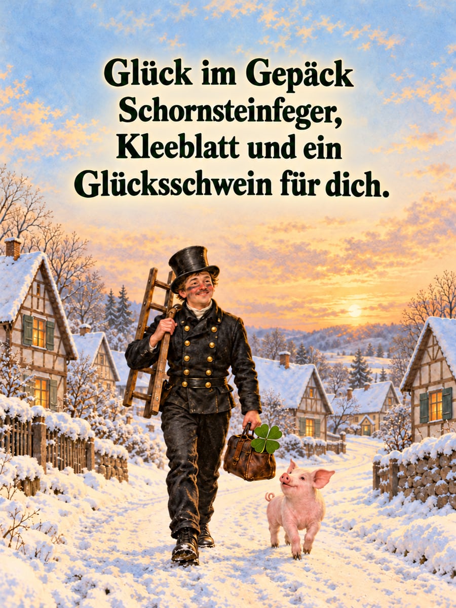Bild zu Silvester mit dem Text „Glück im Gepäck“ und „Schornsteinfeger, Kleeblatt und ein Glücksschwein für dich.“ – Motiv: Schornsteinfeger, Glücksschwein, Kleeblatt, Reisetasche