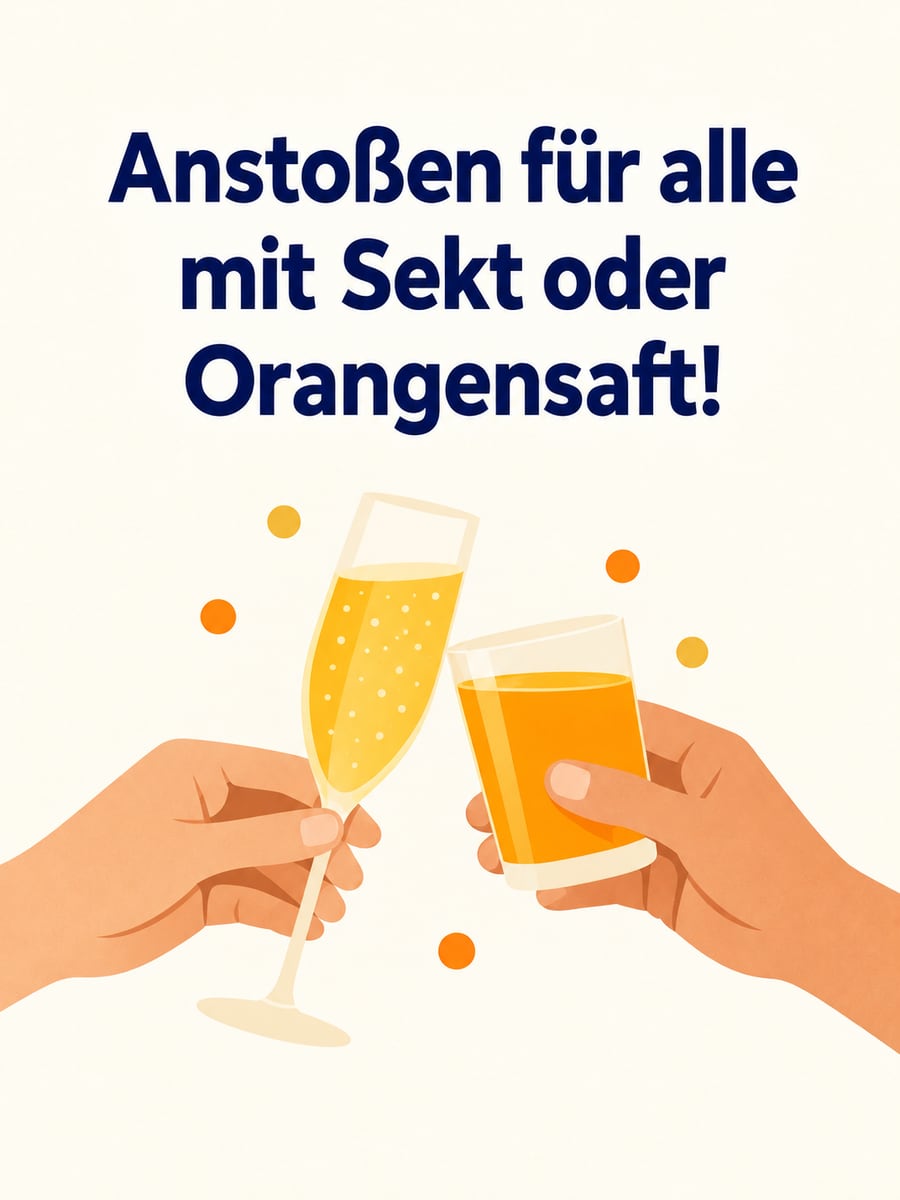 Bild zu Silvester mit dem Text „Anstoßen für alle“ und „mit Sekt oder Orangensaft!“ – Motiv: Sektglas, Orangensaft, Hände, Konfetti