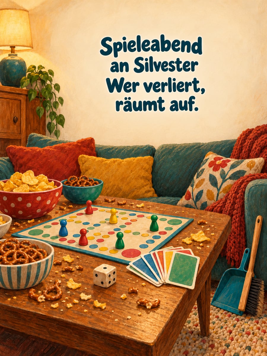Bild zu Silvester mit dem Text „Spieleabend an Silvester“ und „Wer verliert, räumt auf.“ – Motiv: Brettspiel, Spielkarten, Kehrblech, Knabberzeug