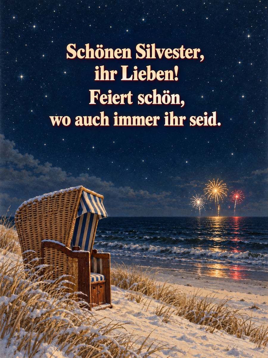 Bild zu Silvester mit dem Text „Schönen Silvester, ihr Lieben!“ und „Feiert schön, wo auch immer ihr seid.“ – Motiv: Strandkorb, Feuerwerk, Meer, Düne