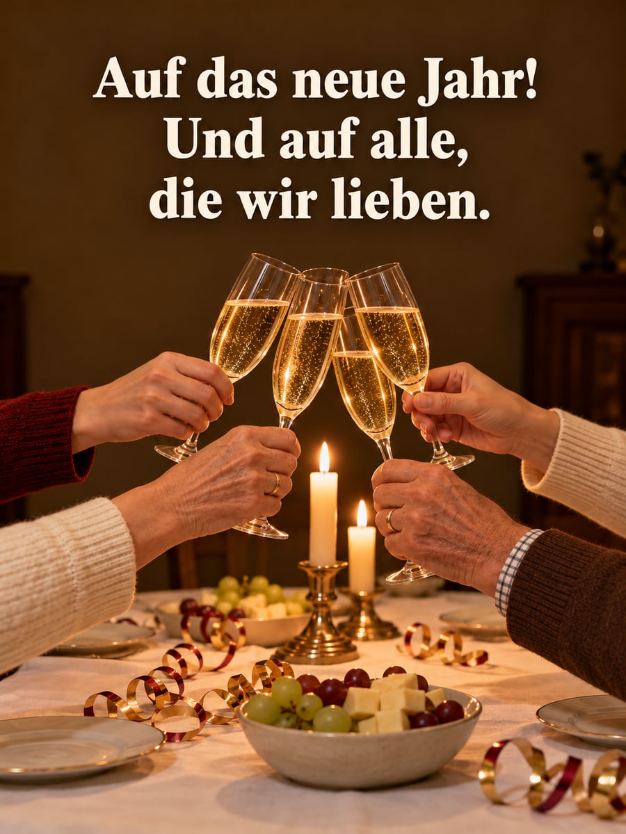 Bild zu Silvester mit dem Text „Auf das neue Jahr!“ und „Und auf alle, die wir lieben.“ – Motiv: Sektgläser, Hände, Festtafel, Kerzen