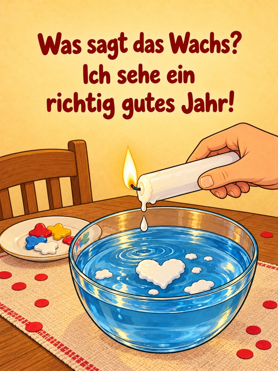 Bild zu Silvester mit dem Text „Was sagt das Wachs?“ und „Ich sehe ein richtig gutes Jahr!“ – Motiv: Wachsgießen, Kerze, Wasserschale, Herz